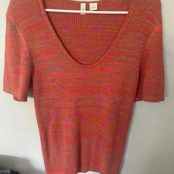 Anthropologie Moth short sleeve top scoop neckline striped orange blouse - Picture 2 of 6